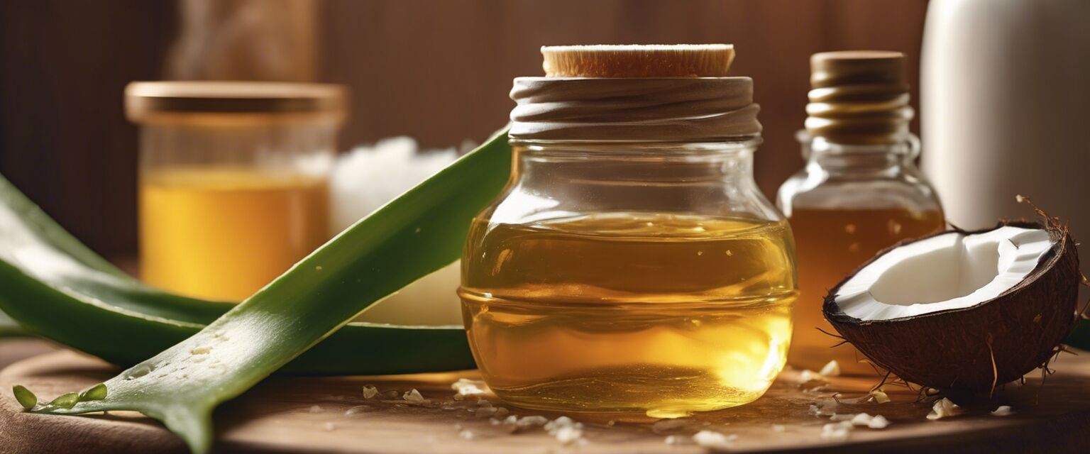 Natural ingredients like aloe vera, coconut oil, and honey arranged on a wooden table.